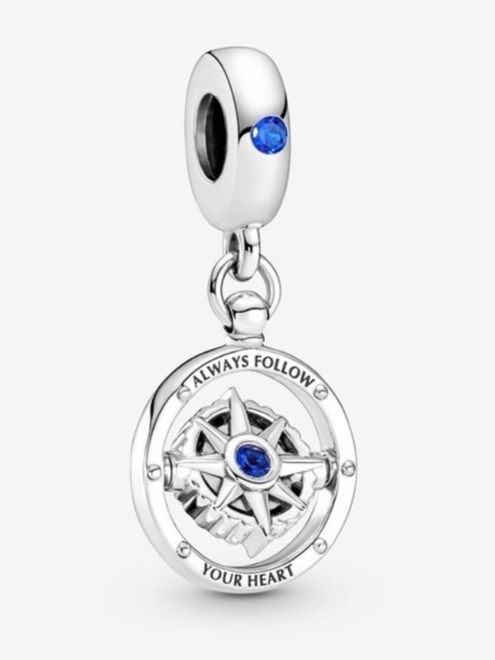Pandora Silver Compass Dangle Charm with Blue Stones